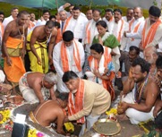 The Minister of State for Commerce & Industry (Independent Charge), Smt. Nirmala Sitharaman, the Chief Minister of Andhra Pradesh, Shri N. Chandrababu Naidu and the Minister of State for Science and Technology and Earth Science, Shri Y.S. Chowdary at “Bhoomi pooja” event in the proposed capital of Andhra Pradesh, “amaravathi” on June 06, 2015. (Representational Image, Courtesy: pib website)