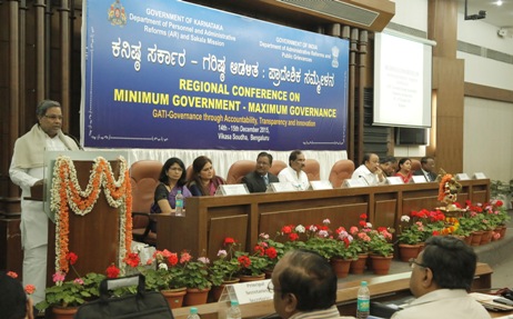 The Chief Minister of Karnataka, Shri K. Siddaramaiah addressing the gathering after inaugurating the two-day Regional Conference on “Minimum Government-Maximum Governance” as part of GATI (Governance with Accountability, Transparency and Innovation), in Bengaluru on December 14, 2015. The Secretary, Department of Administrative Reforms & Public Grievances, Government of India, Shri Devendra Chaudhry is also seen.