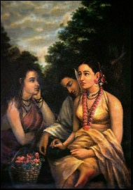 Shakuntala with friends writing a letter to Dushyanta [Raja Ravi Varma [Public domain], via Wikimedia Commons]